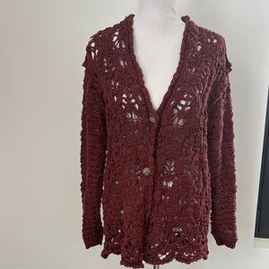 Free People Crochet Cardigan Sweater in Deep Burgundy